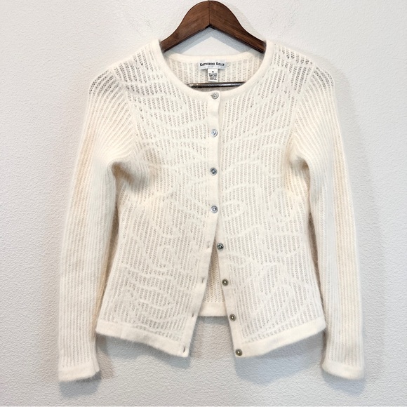 Vintage Angora Fuzzy Cardigan Sweater Ivory White Medium Cozy Coquette - Picture 1 of 9